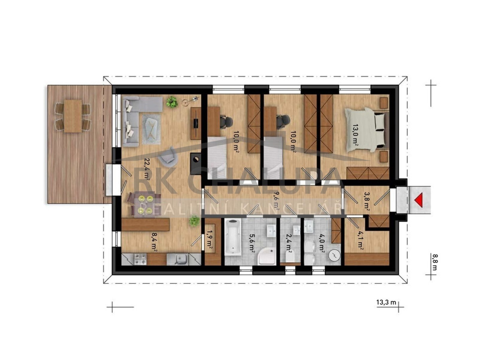 Prodej výstavby domu 4+kk, nízkoenerget. tř. B, Hosín u Českých Budějovic, parcela s výměrou 753 m2