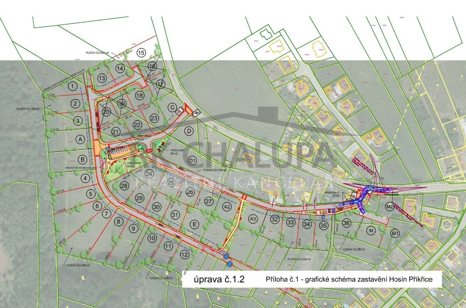 Prodej stavebního pozemku k zadání výstavby, výměra 757 m2, Hosín u Č. Budějovic, dvojdům