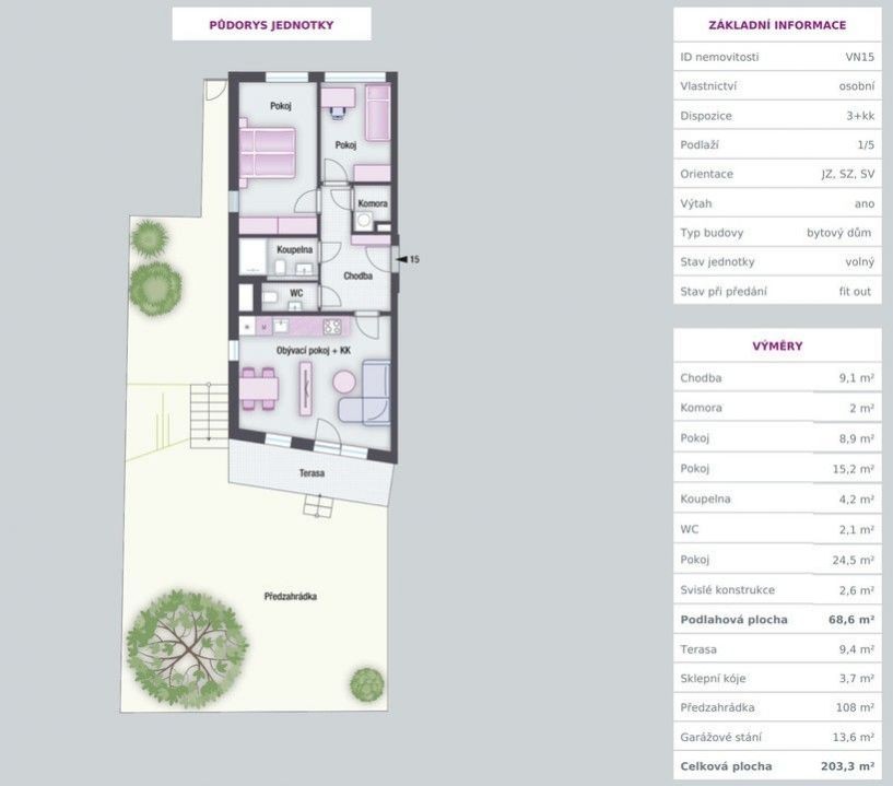 Prodej bytu 3kk (203,3 m) s terasou (9,4 m2) a sklepem (3,7 m2) a parkovacím stáním, Vila Dům na Vin