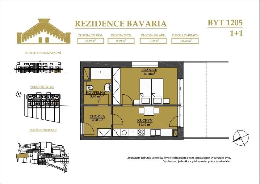 Byt 1+1 s terasou a větší zahradou na pronájem, Rezidence Bavaria Brno - Jehnice