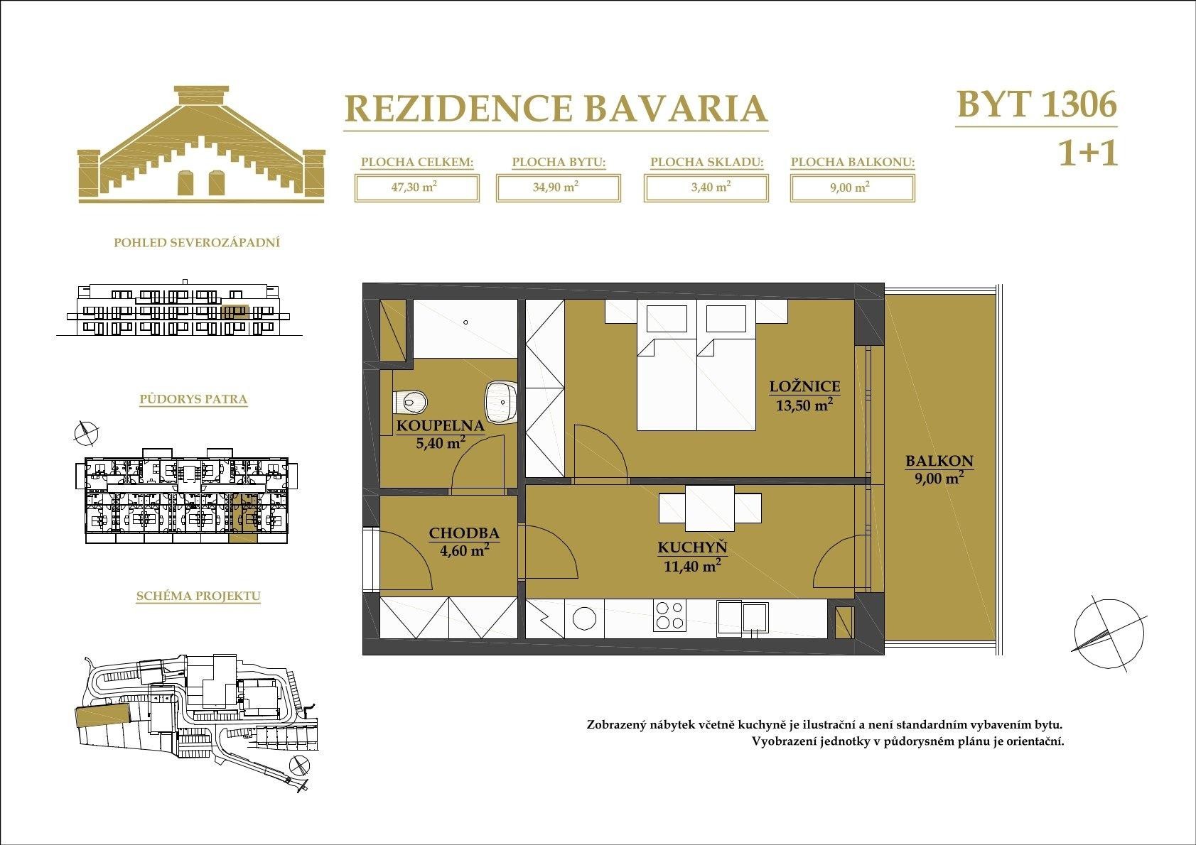 Byt 1+1 s balkonem na pronájem, Rezidence Bavaria Brno - Jehnice
