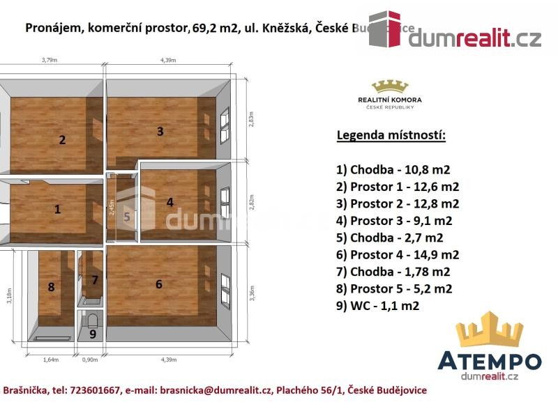 Pronájem, komerční prostor, 69,2 m2, ul. Kněžská, centrum města České Budějovice