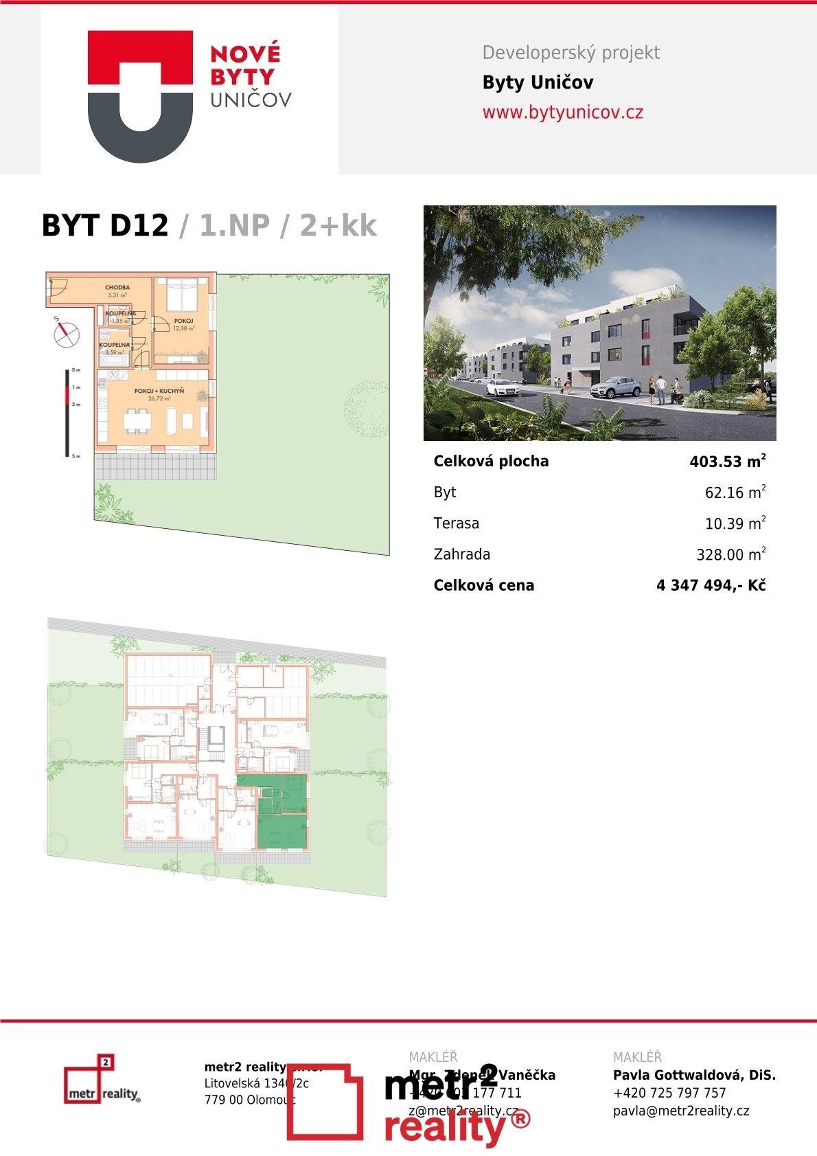 Prodej nového bytu 2+kk s velkou předzahrádkou / Uničov – D12