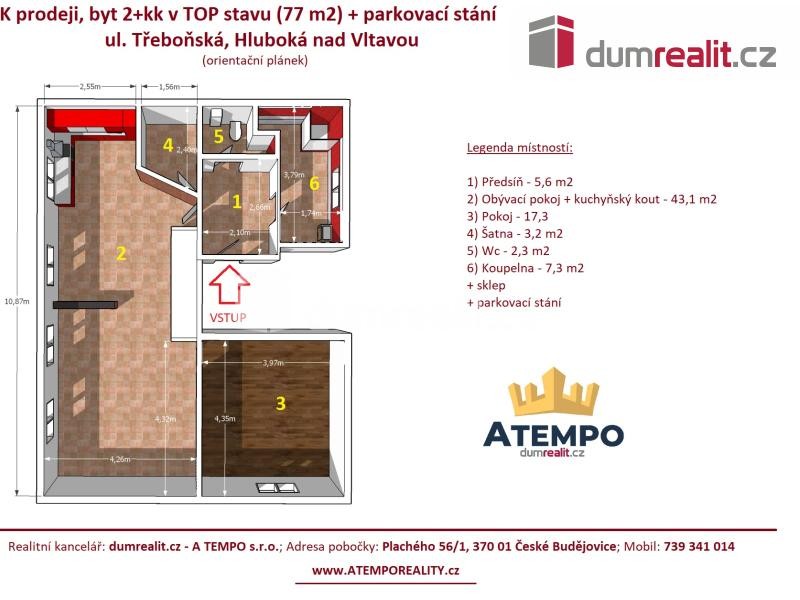 Prodej, zařízený byt 2+kk + šatna+ sklep, 77 m2, ul. Třeboňská, Hluboká nad Vltavou