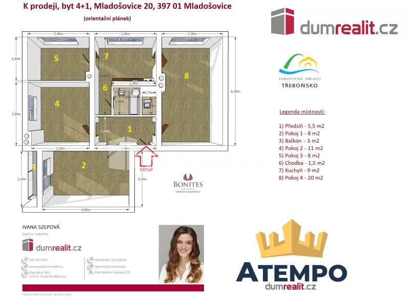 K prodeji, slunný byt 4+1 před rekonstrukcí s balkónem a sklepem, obec Mladošovice, okr. České Budějovice